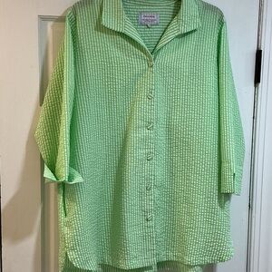 Diane Bailey Seersucker Green Tunic Button Front Pockets Back Pleat